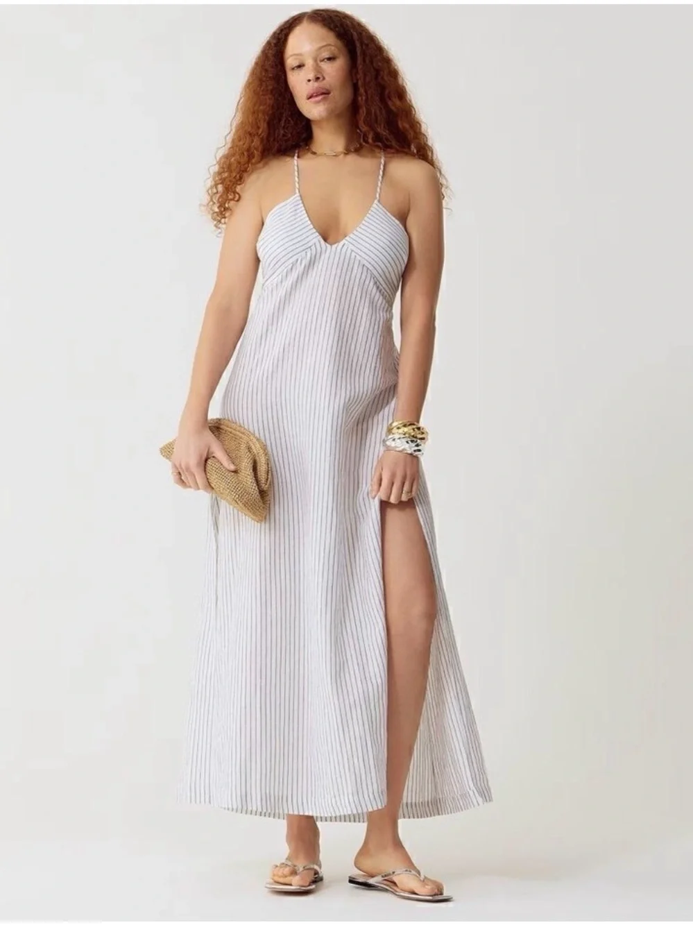 J. Crew Striped White and Blue Maxi Dress with Spaghetti Straps